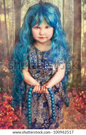 Pretty little girl with long blue hair in a blue dress colorful sheepishly looks at the viewer