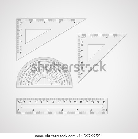 School supplies. Set of measuring tool: ruler, triangular ruler, equilateral triangle ruler, set square triangular plates for drawing lines, especially at 90, 45, 60, or 30 degrees, protractor