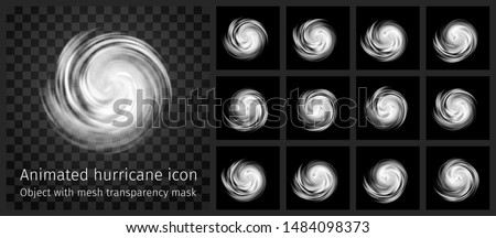 Animated Hurricane Icon with transparency. Rotating tornado, typhoon, white swirl clouds on dark background. Danger cyclone vector frame by frame animation. Loop animation ready. Infographics element