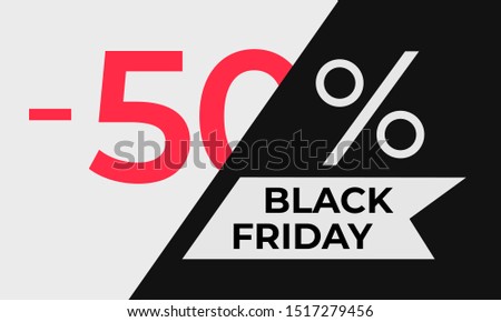 Black friday discount banner. Canvas is divided into two parts at an angle. On the white part - large number of discounts, on the black - white flag with inscription Black Friday and percent sign