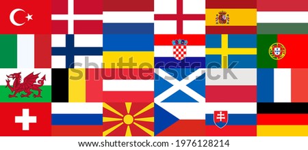 Flags of countries participating in the football championship in Europe 2020. Group stage final. 2020 European. Europe 2021. Sorted by group matches, collected in one banner. National flags. Vector