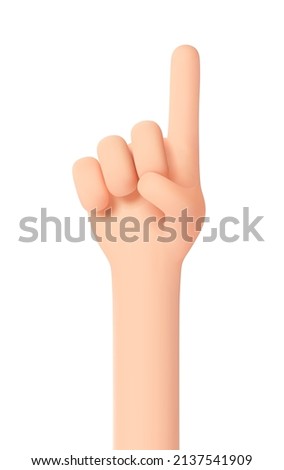 Pointing hand gesture. Index finger pointing up. Have an idea. Attract attention. Number one. Hand gesture 3D cartoon friendly funny style isolated on white background. 3d vector illustration