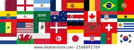 Flags of Countries Participating in the Football Championship. Football 2022. Group Stage Final. Sorted by Group Matches, Collected in One Banner. National Flags. Vector Illustration