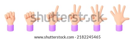 Set of 3d Cartoon Character Hand. Сounting on Fingers. Hand shows signs of various counting gestures. Icon for Applications, Web, T-shirts, Advertising, Posters etc. isolated on white. 3d Vector