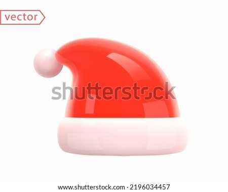 Santa Claus Christmas Red Hat. Christmas and New Year accessory. Realistic 3d mocup design element in shiny plastic cartoon style. Icon isolated on white background. 3D Vector illustration