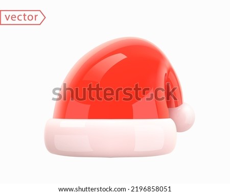 Santa Claus Christmas Red Hat. Christmas and New Year accessory. Realistic 3d mocup design element in shiny plastic cartoon style. Object isolated on white background. 3D Vector illustration