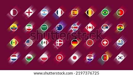 Flags of all countries participating in the final part of the football competition. Icon set. Football 2022. Soccer Cup infographic. Icons isolated on maroon background. Vector illustration