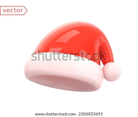 Santa Claus Christmas Red Hat with slope. Christmas and New Year accessory. Realistic 3d mocup design element. Shiny plastic cartoon style. Object isolated on white background. 3D Vector illustration