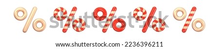 Golden Percent sign intertwined with red ribbon. Glossy 3D symbol in the Festive Christmas and New Year Candy Cane style. Percentage, Discount, Sale, Promotion concept. 3d vector Icon set