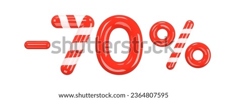 70 percent Off. Christmas Sale. Discount creative design of red and striped volumetric numbers and signs. Mega sale or ten percent bonus symbol on white. Sale banner and poster. 3d Vector illustration