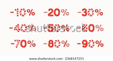 Set of Percentage Discounts from 10 to 90. Christmas Sale Season. Creative design of red striped 3d numbers and signs on white. Mega Sale Bonus Symbols. Sale OFF. 3D render. Vector illustration