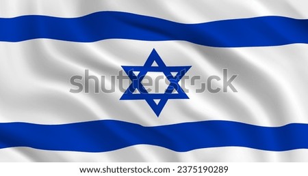 National flag of Israel flutters in the wind. Wavy Israeli Flag. Close-up front view. White and blue flag with star of David. 3D Render. Realistic 3d vector illustration