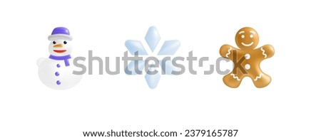 Christmas 3d Icons Set. Snowman, Snowflake, Gingerbread man isolated on white background. Xmas Symbols concept. Cartoon Design Element for New Year Holidays. Stock 3D Vector Icons