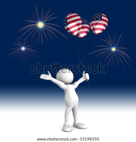 Three dimensional render of a cartoon human figure, holding balloons with the american flag on them while cheering at the fireworks. 4th of July celebrations
