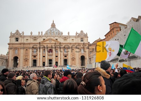 ROME, ITALY - MARCH 17: The crowd is waiting in St. Peter Square before the first Angelus prayer of Pope Francis I on March 17, 2013 in Vatican City, Rome, Italy