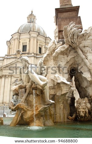 The Fntain of For River in Piazza Navona covered by snow, a really rare event in Rome