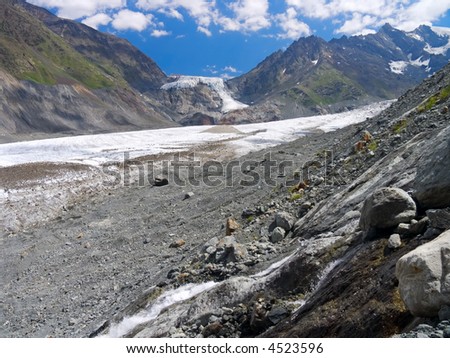Glaciers, icefall and waterfall