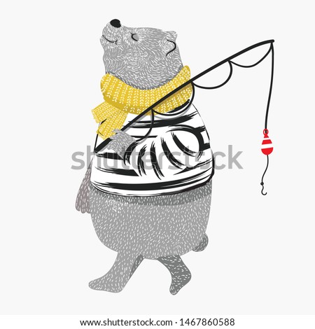 Cute Bear illustration. "Happy Father's Day" greeting card with fishing time. Cartoon t-shirt graphics for kids. Animal pattern.