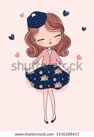 Cute little princess girl. Fashion illustration for kids clothing. Use for print, surface design, fashion wear.