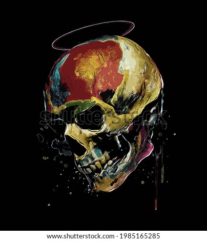 Bright graffiti illustration of skull on black background. Dirty paint art of skull. Skull image in grunge artistic technique with vibrant juicy colors.Watercolor skeleton poster.
