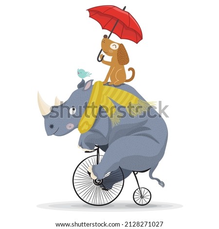 Rhino and dog circus show illustration. Performance of the rhino on bike.T-shirt graphics.Cute cartoon characters.Textile graphic for kids.Animal print