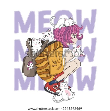 Anime Girl illustration with meow slogan.Vector graphic design for t-shirt.Manga girl character who loves little cute cats.Greeting card, poster,print, party concept,children, books,prints,wallpapers.