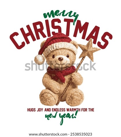 Christmas themed cute teddy bear vector illustration.Christmas Greeting Card with Santa Claus.Happy new year lettering.T-shirt Graphics.New Year Cards.Cute teddy bear graphic design with gift box.
