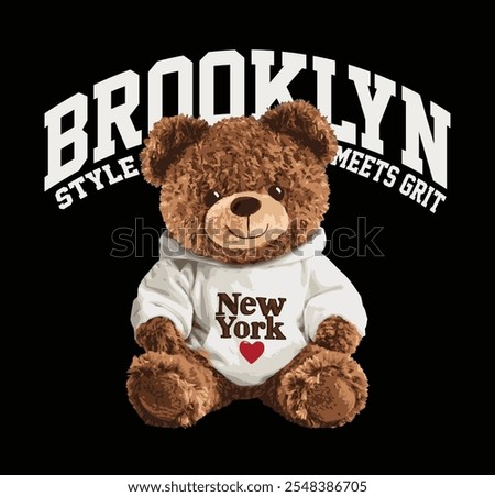 New York themed teddy bear vector illustration.Teddy bear vector hand drawn illustration cute print design for kids.College themed, cute animal graphic print for textiles. Teddy bear graphic.