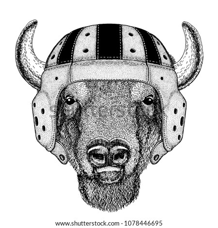 Cool animal wearing rugby helmet Extreme sport Buffalo, bison,ox, bull Hand drawn image for tattoo, emblem, badge, logo, patch
