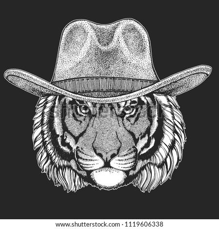 Tiger Wild west. Traditional american cowboy hat. Texas rodeo. Print for children, kids t-shirt. Image for emblem, badge, logo, patch.