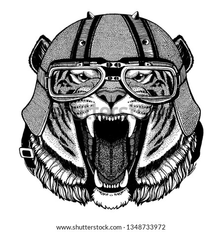 Tiger, wild cat wearing a motorcycle, aero helmet. Hand drawn image for tattoo, t-shirt, emblem, badge, logo, patch