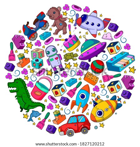 Set of vector toys for little children. Ufo, submarine. Cartoon dinosaur. Kindergarten kids.