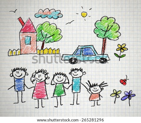 Happy family. Kids drawings. Notebook