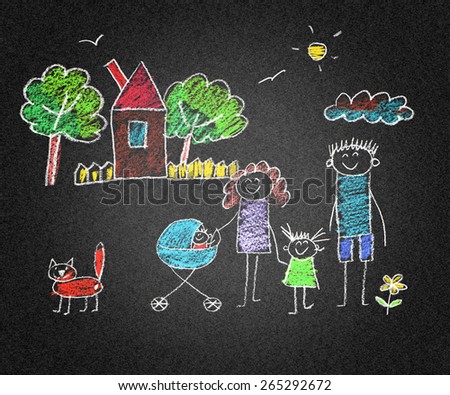 Happy family. Kids drawings. Asphalt drawing