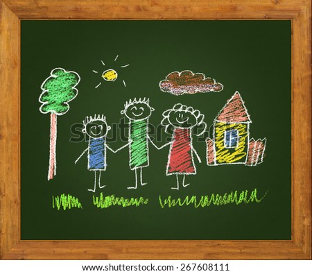 Happy family. Blackboard. Kids drawing
