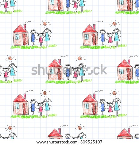 Happy parents and children naive kids drawing