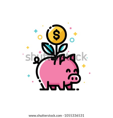 Income increase and make more money with budget planning and smart savings. Flat filled outline style icon with plant growing out of piggy bank. Pixel perfect. Editable stroke. Size 72x72 pixels