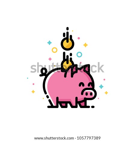 Budget or money savings concept with piggy bank and falling coins. Flat filled outline style icon. Pixel perfect. Editable stroke. Size 72x72 pixels
