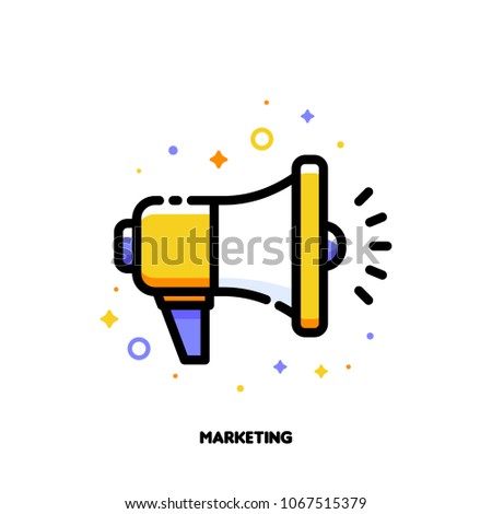 Digital media marketing icon with megaphone. Flat filled outline style. Pixel perfect. Editable stroke. Size 64x64 pixels