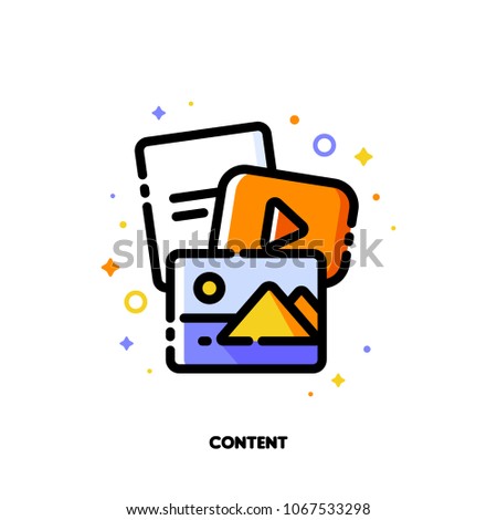 Digital content marketing and social media sharing concept. Icon with mix of video, photo and text files. Flat filled outline style. Pixel perfect. Editable stroke. Size 64x64 pixels