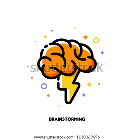 Icon with human brain and lightning for brainstorming techniques to generate creative ideas. Flat filled outline style. Pixel perfect 64x64. Editable stroke