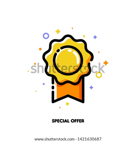 Icon of elegant rosette which symbolizes special offer for money-saving shopping concept. Flat filled outline style. Pixel perfect 64x64. Editable stroke