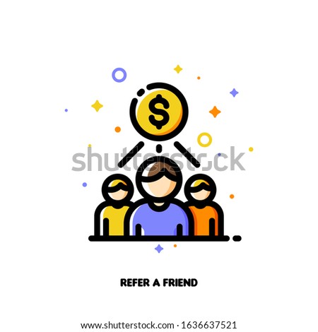 Icon with business team and dollar sign for partner program or referrals network concept. Flat filled outline style. Pixel perfect 64x64. Editable stroke