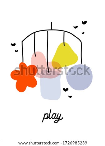 Creative vector illustration of newborn baby mobile or bed bell toy with hanging pastel decor. Playful design for cute greeting card or pretty poster. Editable stroke
