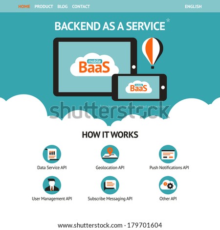 Flat vector website template with mobile gadgets displaying backend as a service 