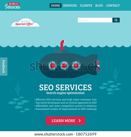 Flat design vector website template of SEO website searching optimization with cartoon submarine