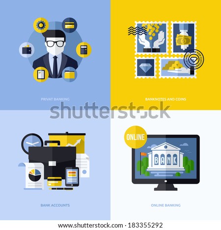 Flat vector design with banking symbols and icons. Conceptual illustrations of private banking, banknotes and coins, bank accounts and online banking