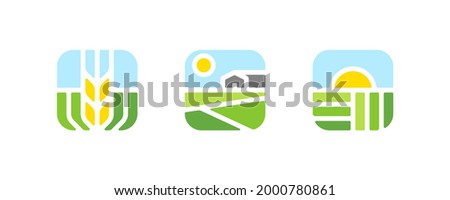 Farm logo mark template or icon of rural landscape with sun, field and barn. Set of modern geometric emblems or badges for natural agriculture, organic food industry or harvesting campaign