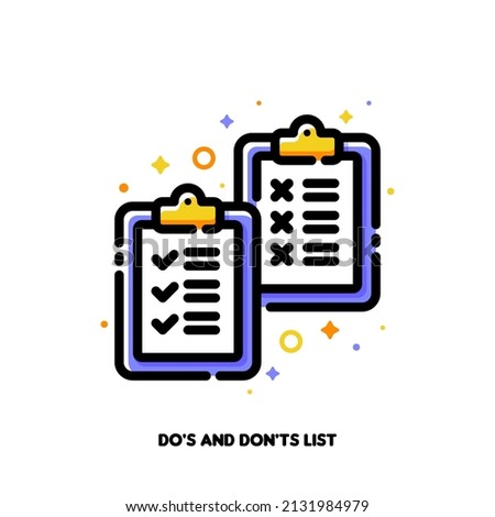Icon of two clipboards with check and cross symbols for do's and don'ts list or positive and negative reactions concepts. Flat filled outline style. Pixel perfect 64x64. Editable stroke