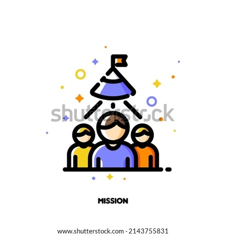 Icon of three persons and flag on mountain peak for business mission or achievement concepts. Flat filled outline style. Pixel perfect 64x64. Editable stroke